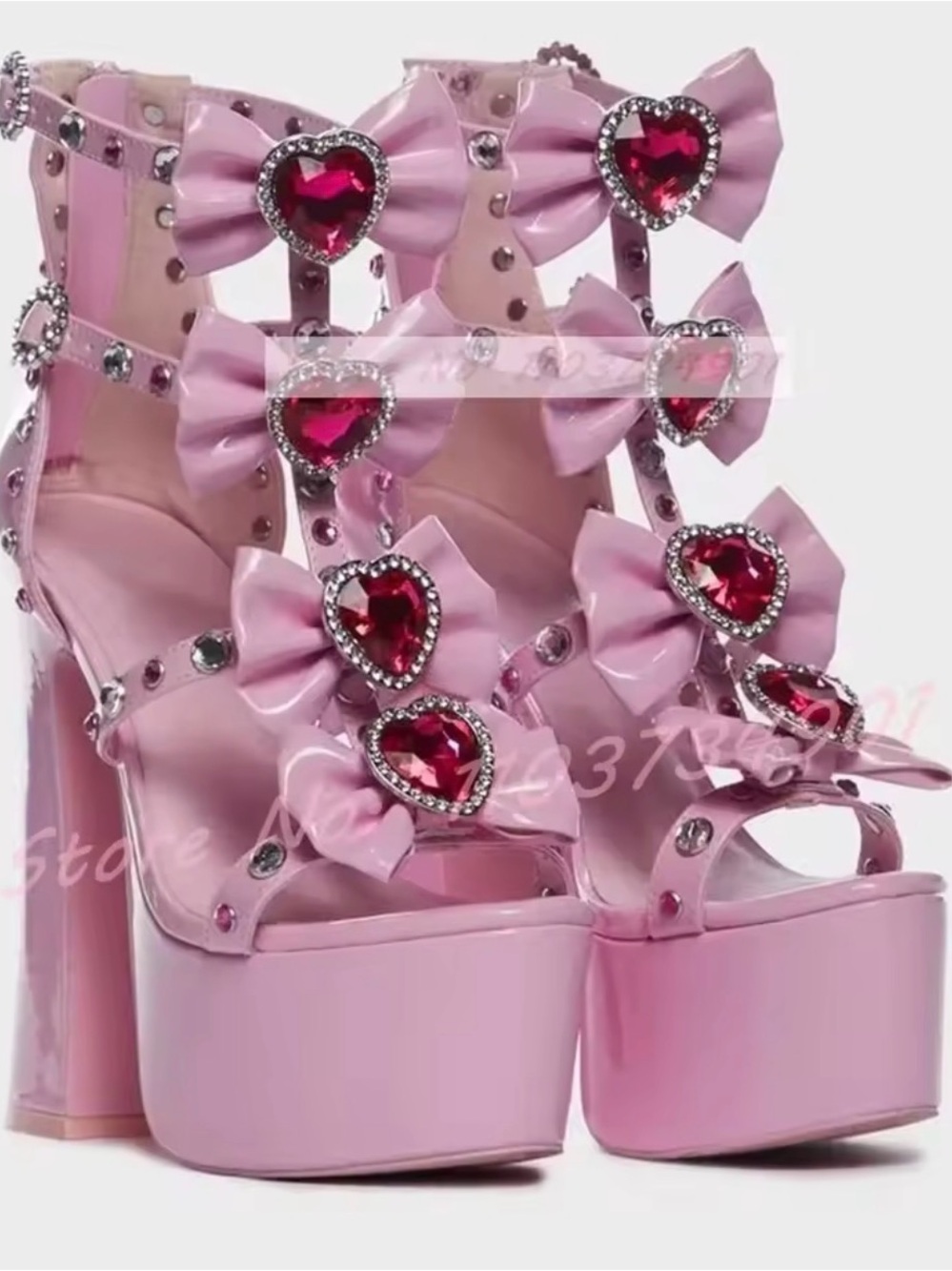 Pink Bow and Heart Rhinestone Platform Sandals - Women